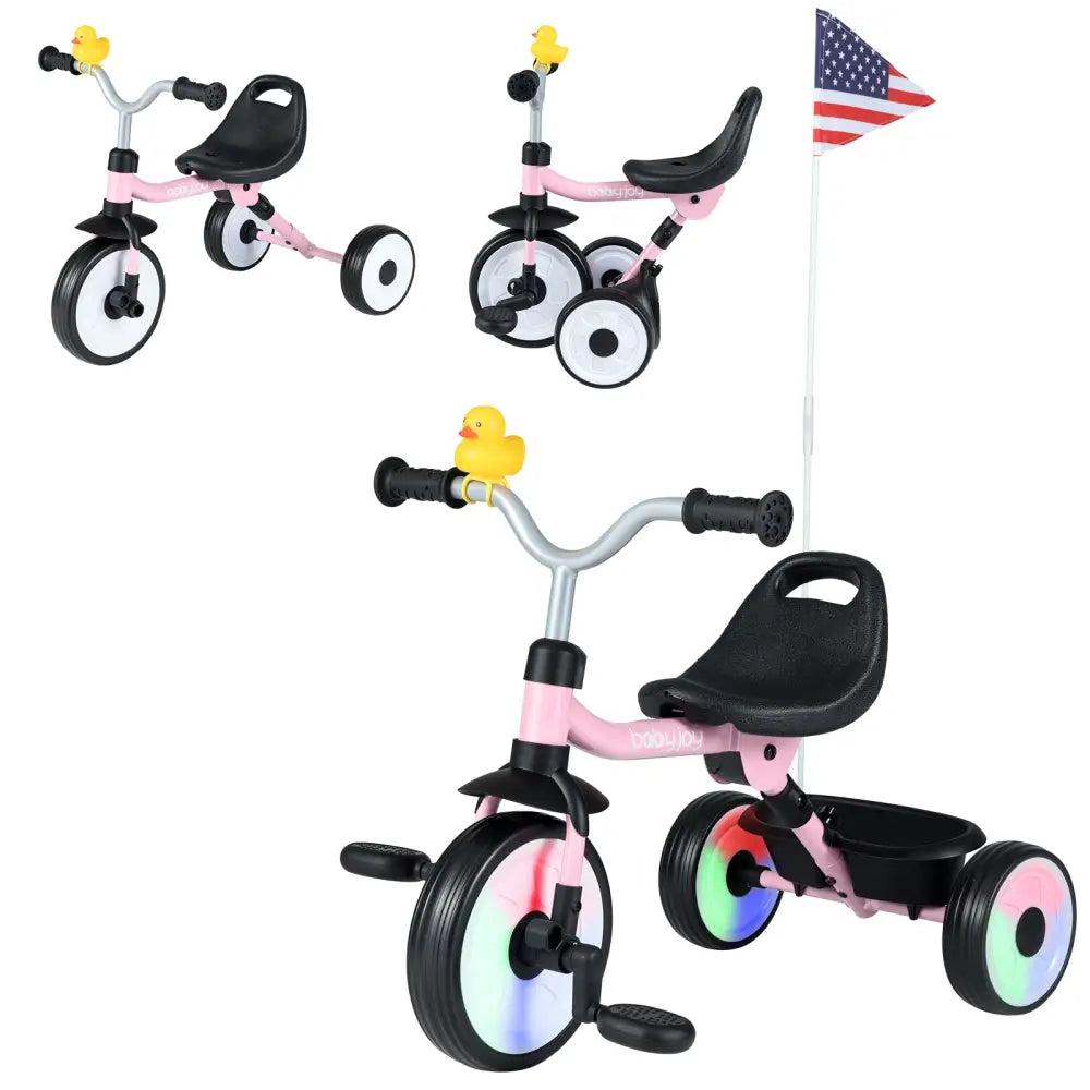 Toddler Tricycle with 3-Position Seat and Storage Basket for Kids-Pink - Pink - Push & Pedal Ride On Toys