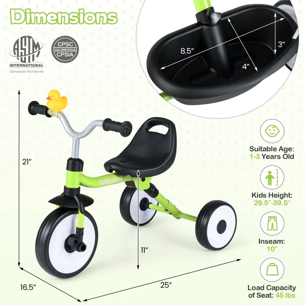 Toddler Tricycle with 3-Position Seat and Storage Basket for Kids-Green - Green - Push & Pedal Ride On Toys
