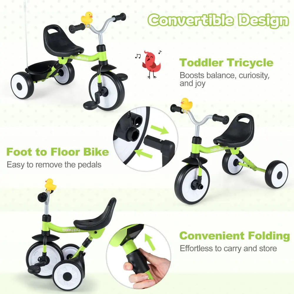Toddler Tricycle with 3-Position Seat and Storage Basket for Kids-Green - Green - Push & Pedal Ride On Toys