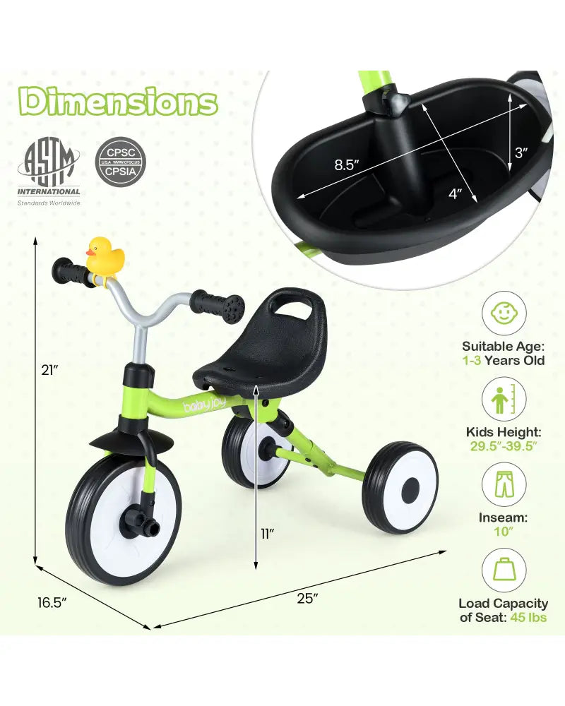 Toddler Tricycle with 3-Position Seat and Storage Basket for Kids-Green - Green - Push & Pedal Ride On Toys