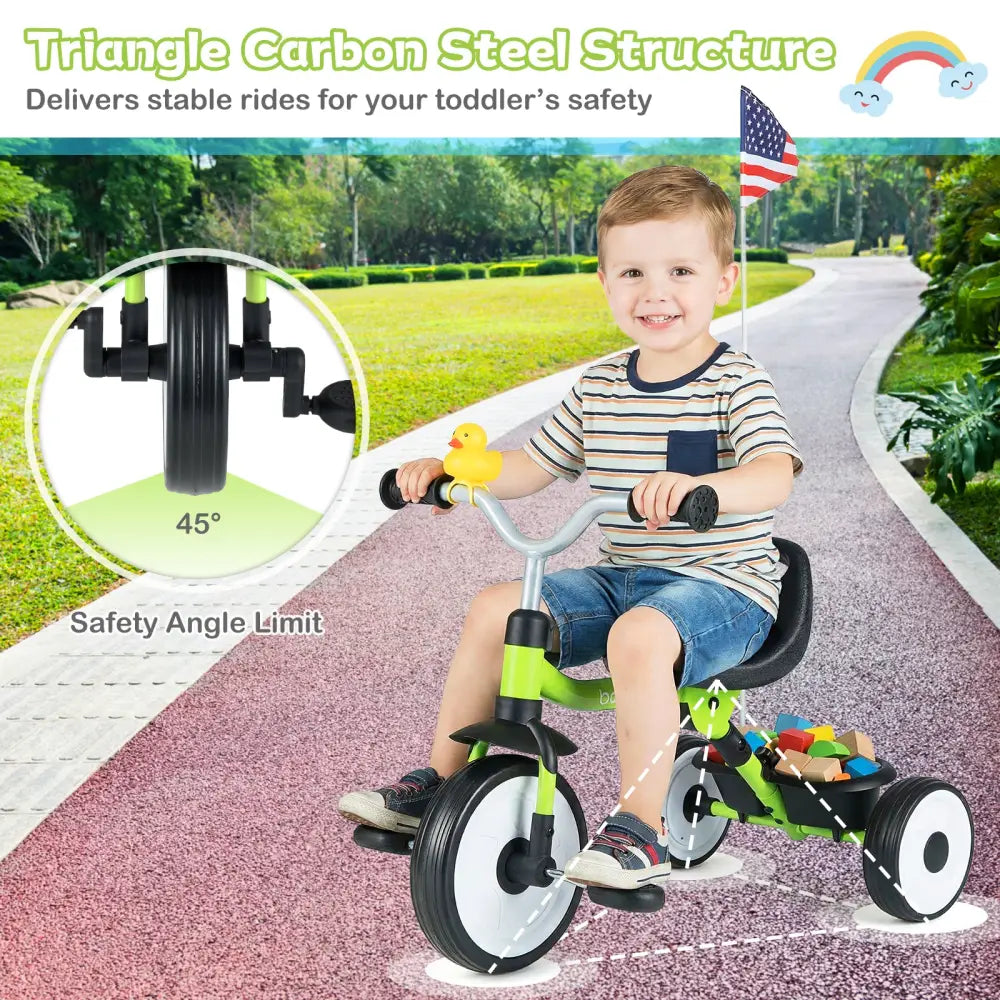 Toddler Tricycle with 3-Position Seat and Storage Basket for Kids-Green - Green - Push & Pedal Ride On Toys