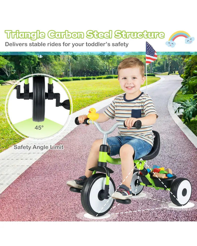 Toddler Tricycle with 3-Position Seat and Storage Basket for Kids-Green - Green - Push & Pedal Ride On Toys