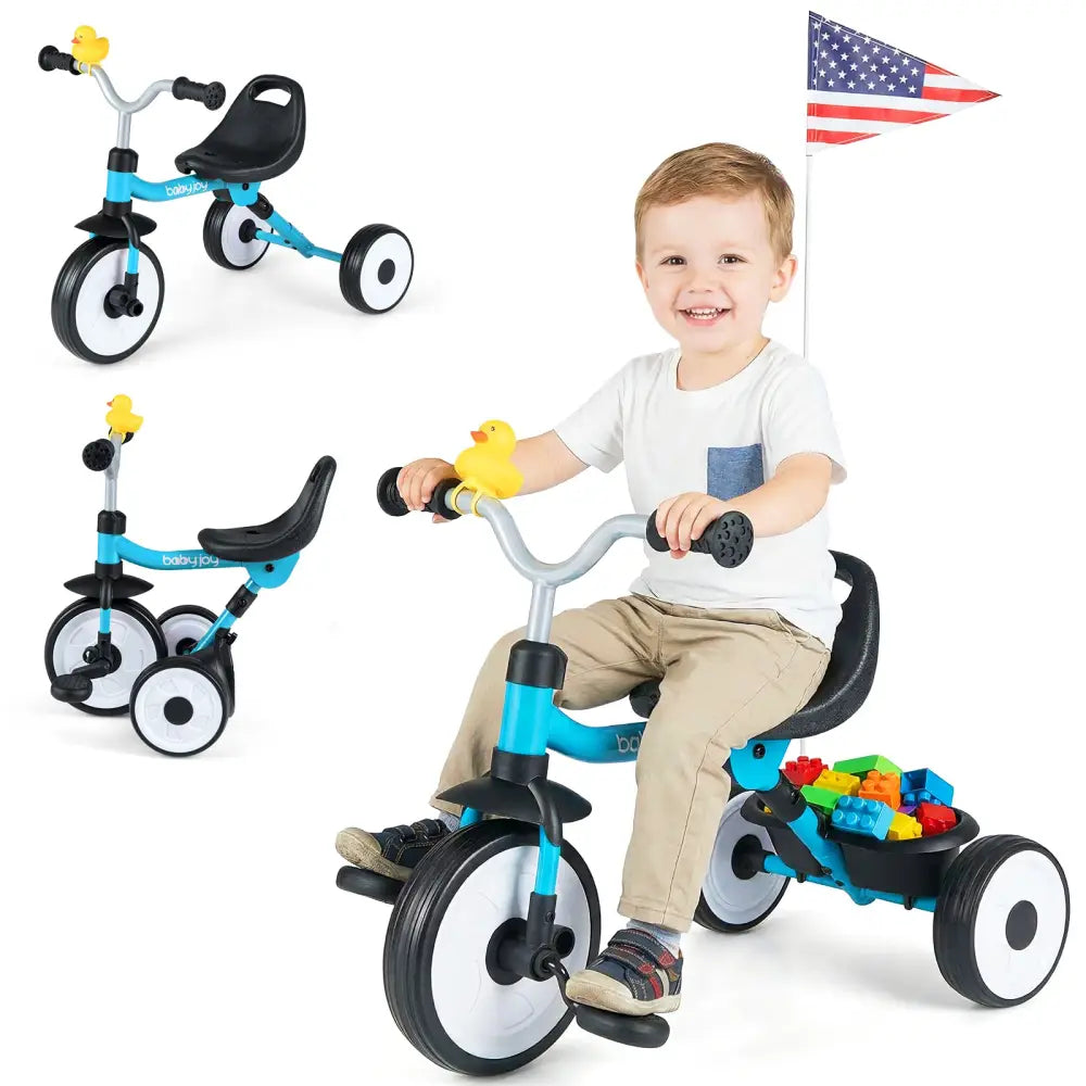 Toddler Tricycle with 3-Position Seat and Storage Basket for Kids-Blue - Blue - Push & Pedal Ride On Toys