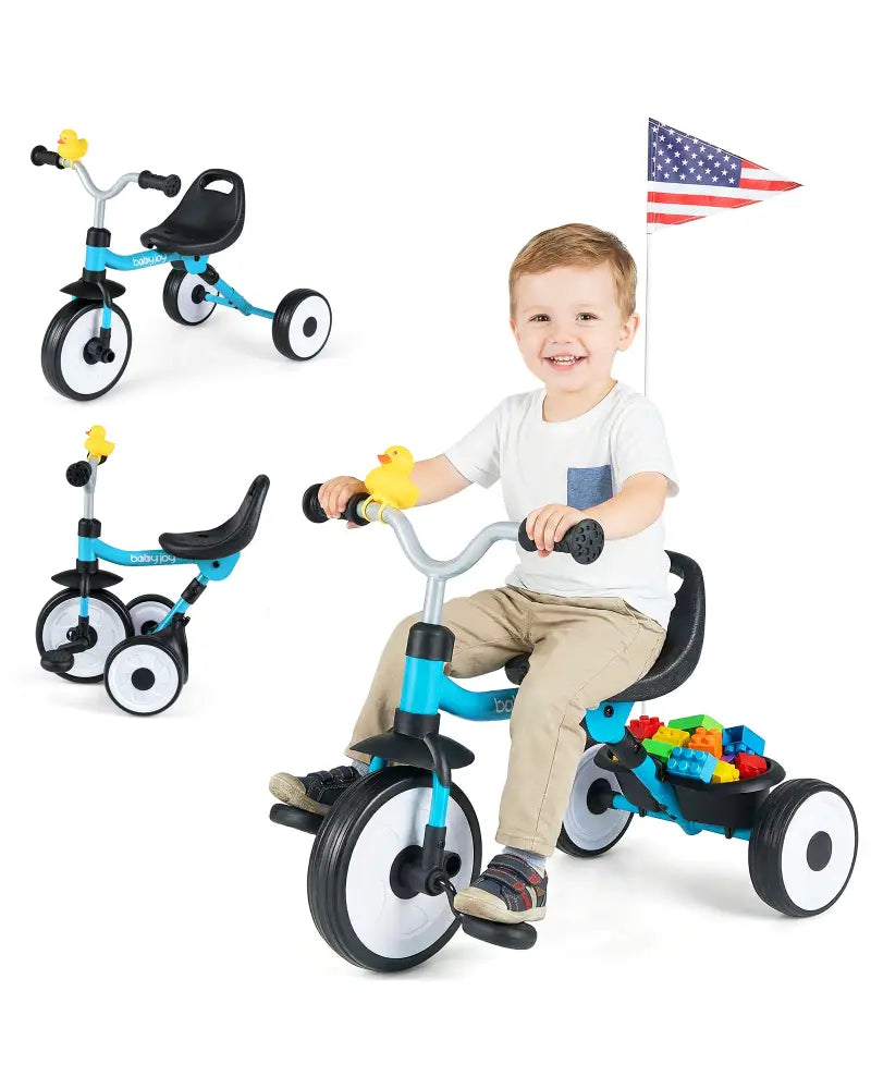 Toddler Tricycle with 3-Position Seat and Storage Basket for Kids-Blue - Blue - Push & Pedal Ride On Toys