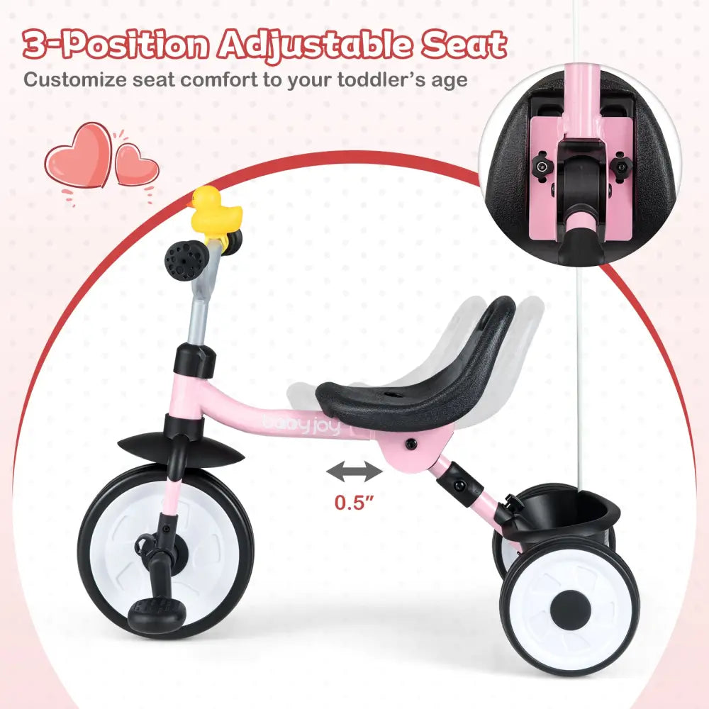 Toddler Tricycle with 3-Position Seat and Storage Basket for Kids-Pink - Pink - Push & Pedal Ride On Toys