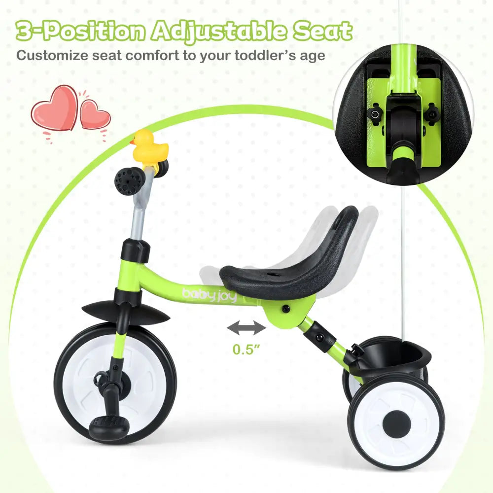 Toddler Tricycle with 3-Position Seat and Storage Basket for Kids-Green - Green - Push & Pedal Ride On Toys
