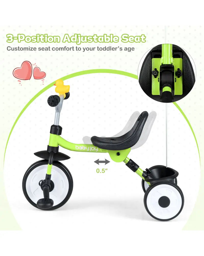 Toddler Tricycle with 3-Position Seat and Storage Basket for Kids-Green - Green - Push & Pedal Ride On Toys