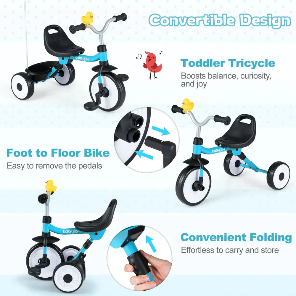 Toddler Tricycle with 3-Position Seat and Storage Basket for Kids-Blue - Blue - Push & Pedal Ride On Toys