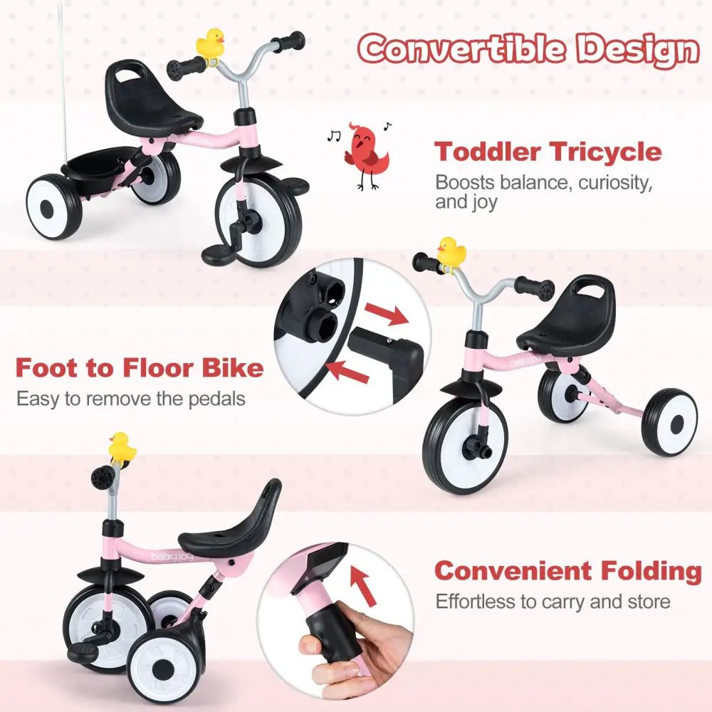 Toddler Tricycle with 3-Position Seat and Storage Basket for Kids-Pink - Pink - Push & Pedal Ride On Toys