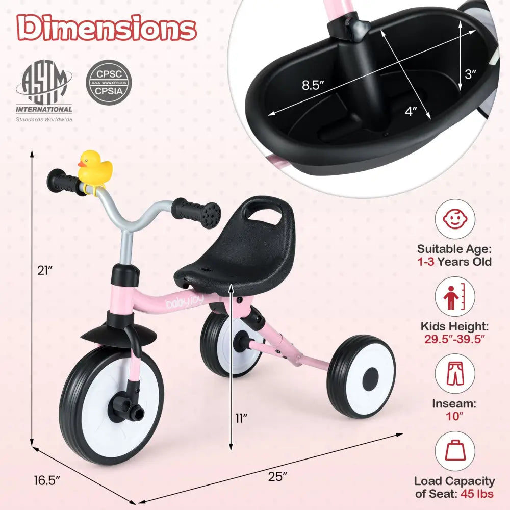 Toddler Tricycle with 3-Position Seat and Storage Basket for Kids-Pink - Pink - Push & Pedal Ride On Toys