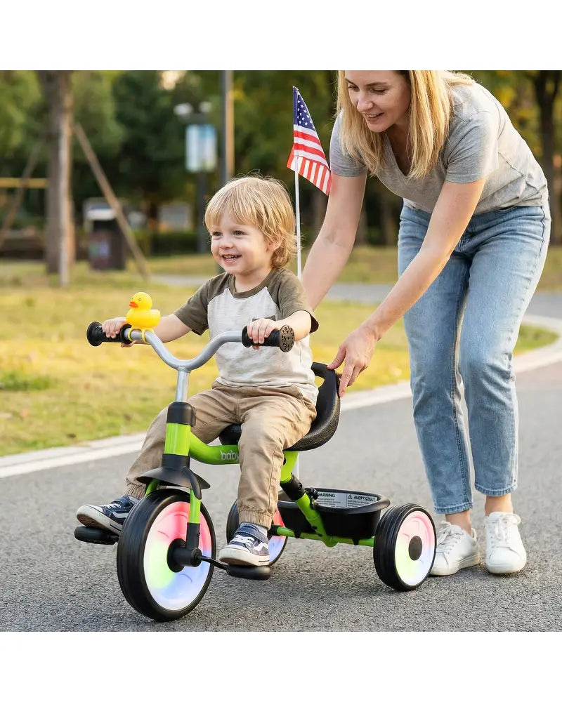 Toddler Tricycle with 3-Position Seat and Storage Basket for Kids-Green - Green - Push & Pedal Ride On Toys