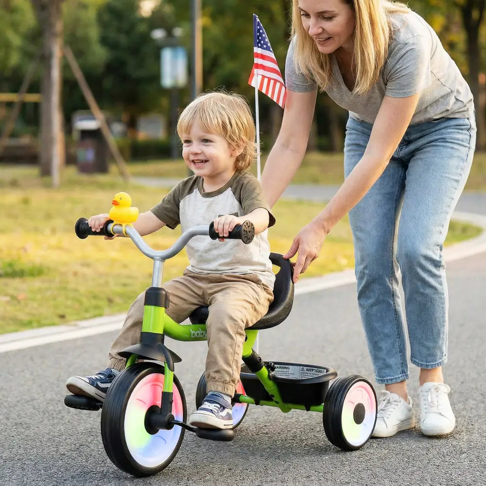 Toddler Tricycle with 3-Position Seat and Storage Basket for Kids-Green - Green - Push & Pedal Ride On Toys