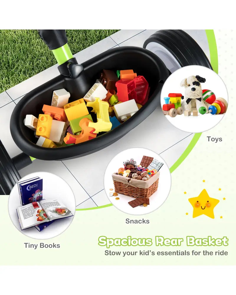 Toddler Tricycle with 3-Position Seat and Storage Basket for Kids-Green - Green - Push & Pedal Ride On Toys