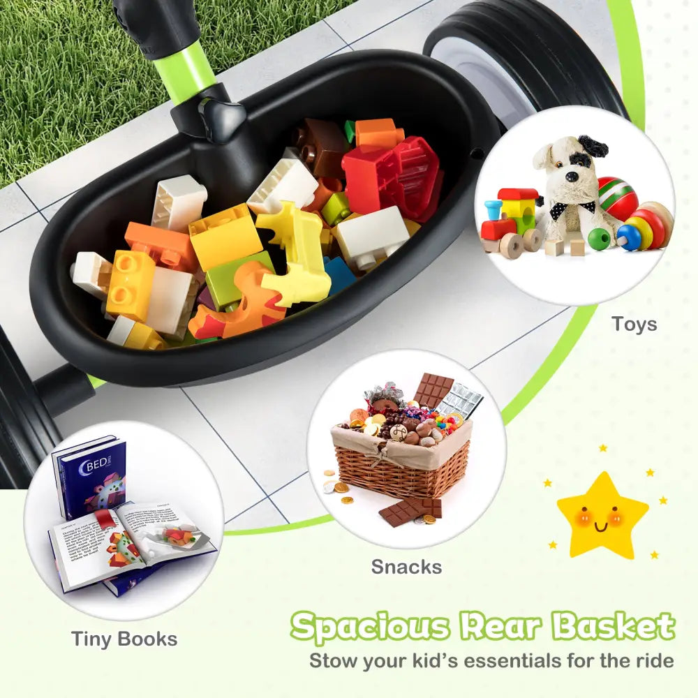 Toddler Tricycle with 3-Position Seat and Storage Basket for Kids-Green - Green - Push & Pedal Ride On Toys
