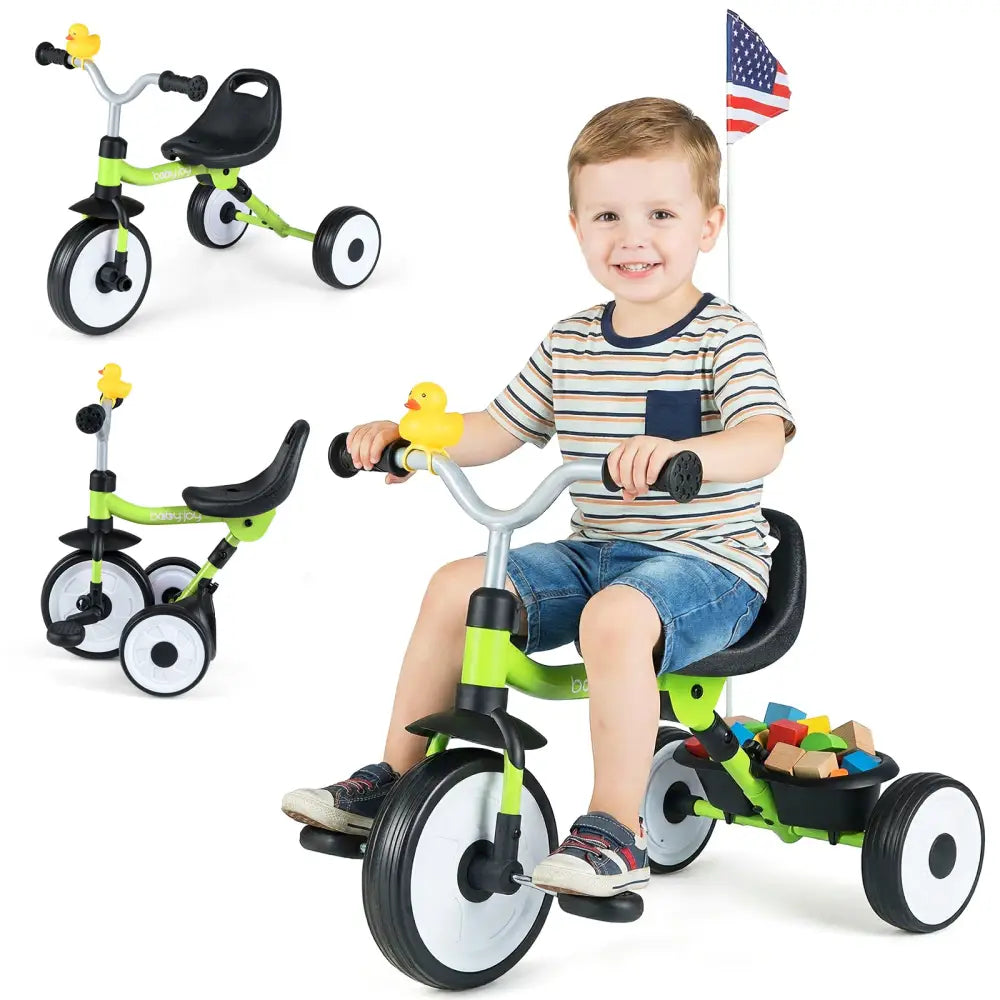 Toddler Tricycle with 3-Position Seat and Storage Basket for Kids-Green - Green - Push & Pedal Ride On Toys