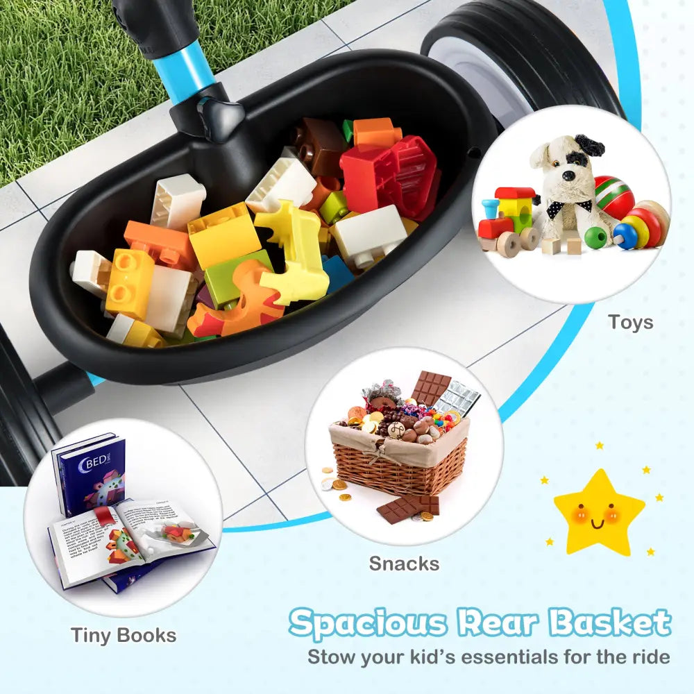 Toddler Tricycle with 3-Position Seat and Storage Basket for Kids-Blue - Blue - Push & Pedal Ride On Toys