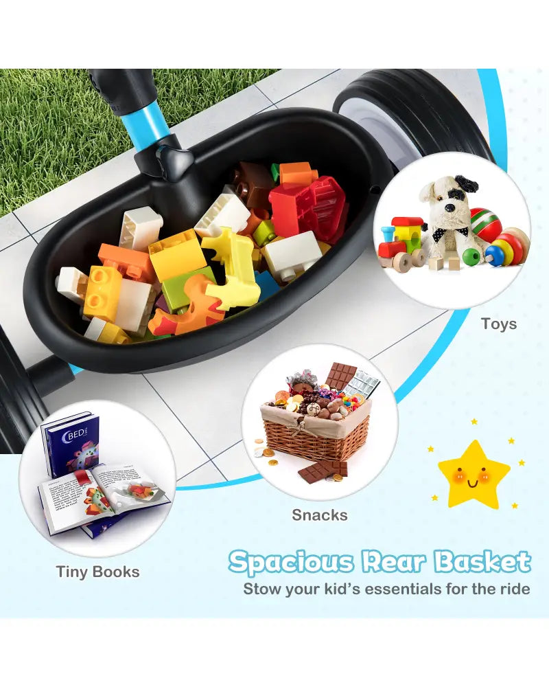 Toddler Tricycle with 3-Position Seat and Storage Basket for Kids-Blue - Blue - Push & Pedal Ride On Toys
