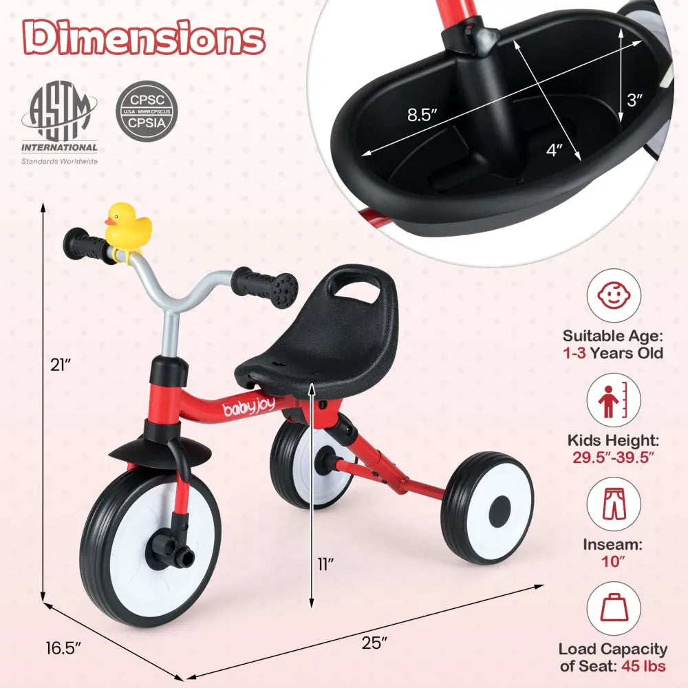 Toddler Tricycle with 3-Position Seat and Storage Basket for Kids-Red - Red - Push & Pedal Ride On Toys