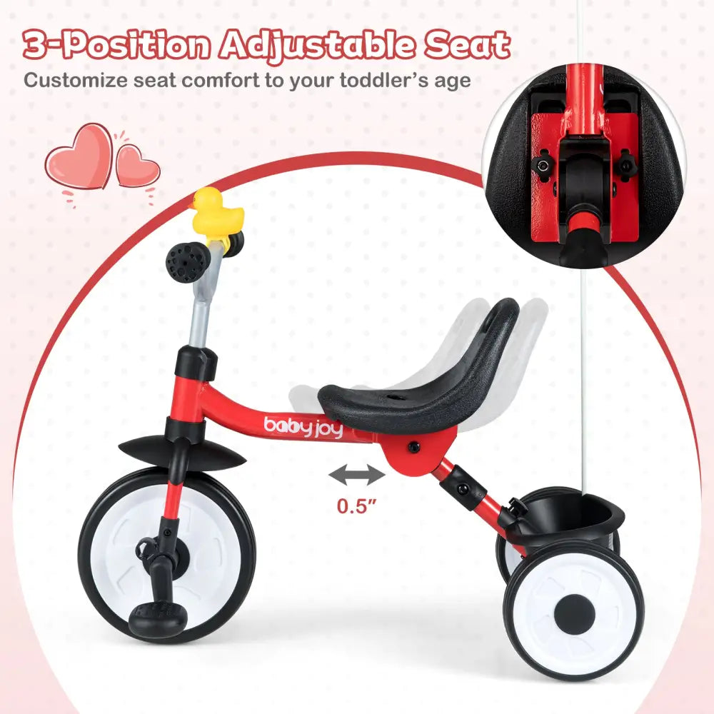 Toddler Tricycle with 3-Position Seat and Storage Basket for Kids-Red - Red - Push & Pedal Ride On Toys