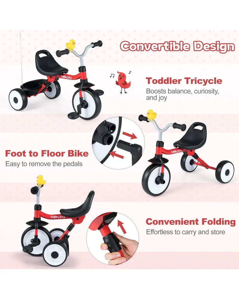 Toddler Tricycle with 3-Position Seat and Storage Basket for Kids-Red - Red - Push & Pedal Ride On Toys
