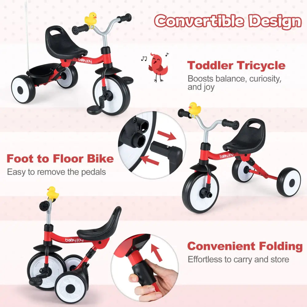 Toddler Tricycle with 3-Position Seat and Storage Basket for Kids-Red - Red - Push & Pedal Ride On Toys