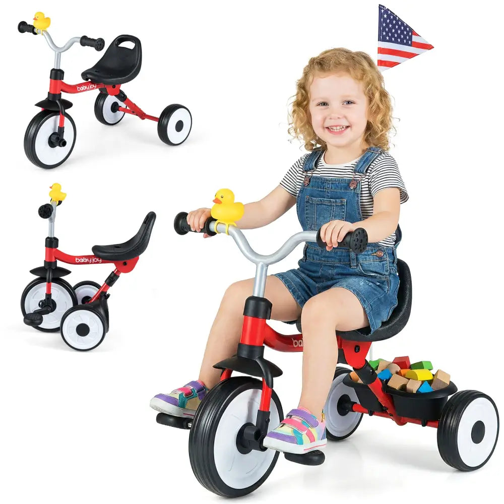 Toddler Tricycle with 3-Position Seat and Storage Basket for Kids-Red - Red - Push & Pedal Ride On Toys