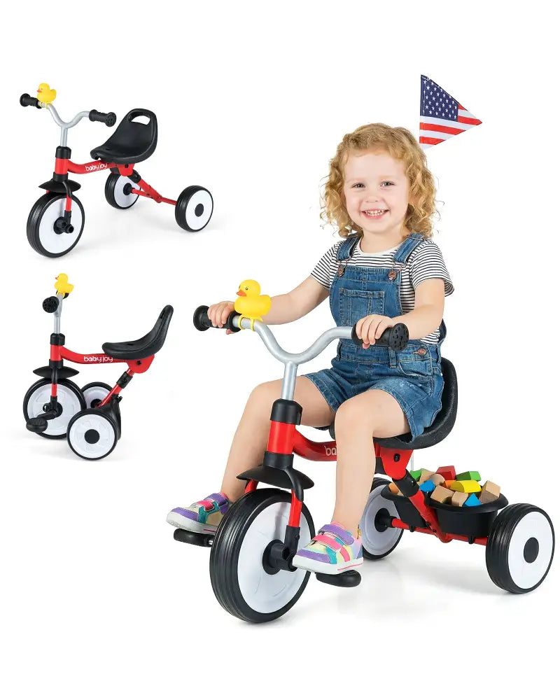 Toddler Tricycle with 3-Position Seat and Storage Basket for Kids-Red - Red - Push & Pedal Ride On Toys