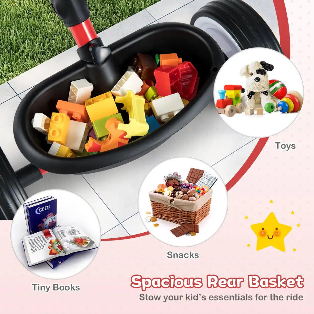 Toddler Tricycle with 3-Position Seat and Storage Basket for Kids-Red - Red - Push & Pedal Ride On Toys