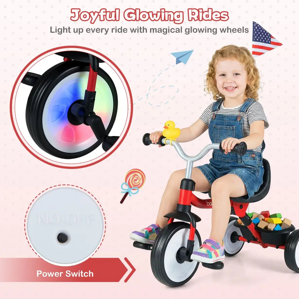 Toddler Tricycle with 3-Position Seat and Storage Basket for Kids-Red - Red - Push & Pedal Ride On Toys