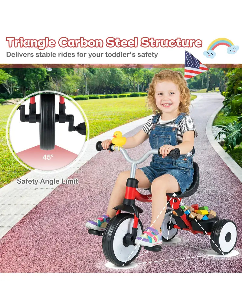Toddler Tricycle with 3-Position Seat and Storage Basket for Kids-Red - Red - Push & Pedal Ride On Toys