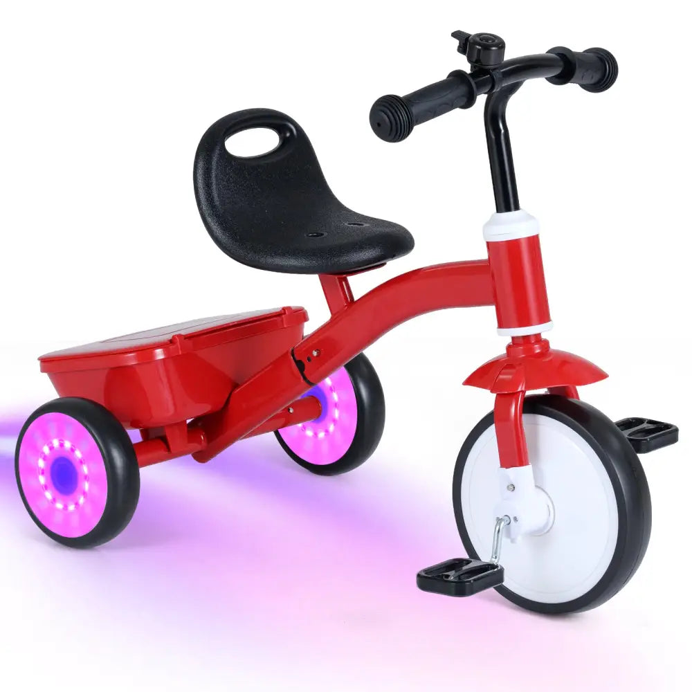 Toddler Tricycle with Glowing Wheels and 4-Level Adjustable Seat - Push & Pedal Ride On Toys