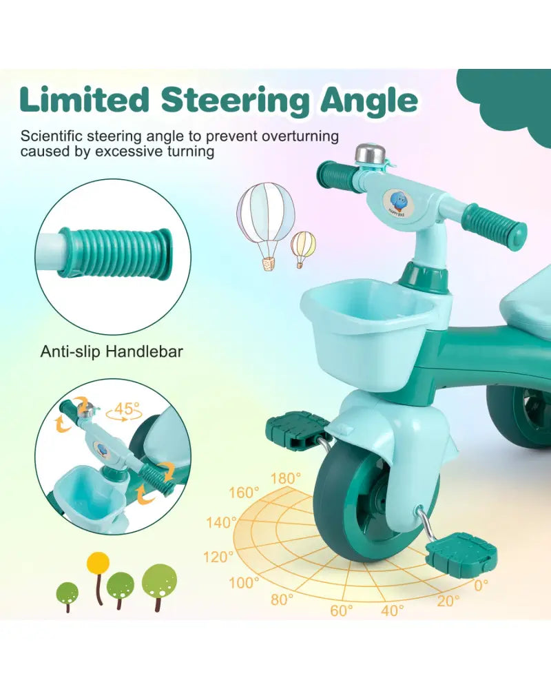 Toddler Tricycle with Limited Steering with Front Baskets and Bell-Green - Green - Push & Pedal Ride On Toys