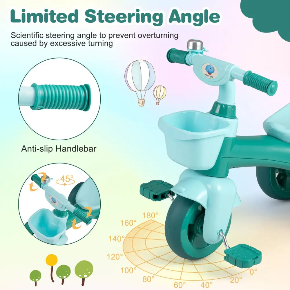Toddler Tricycle with Limited Steering with Front Baskets and Bell-Green - Green - Push & Pedal Ride On Toys