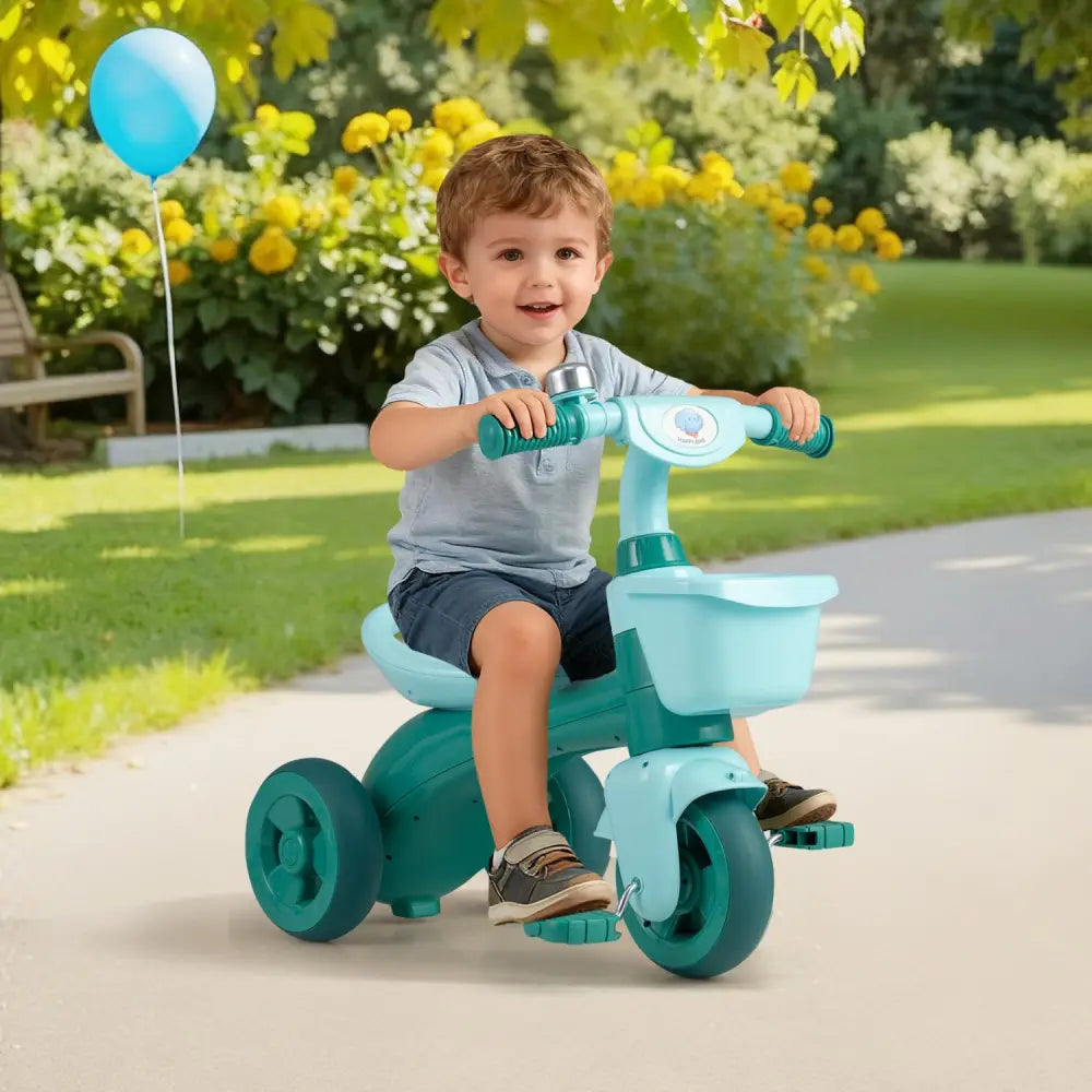 Toddler Tricycle with Limited Steering with Front Baskets and Bell-Green - Green - Push & Pedal Ride On Toys