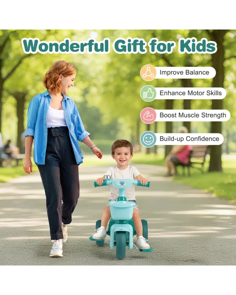 Toddler Tricycle with Limited Steering with Front Baskets and Bell-Green - Green - Push & Pedal Ride On Toys