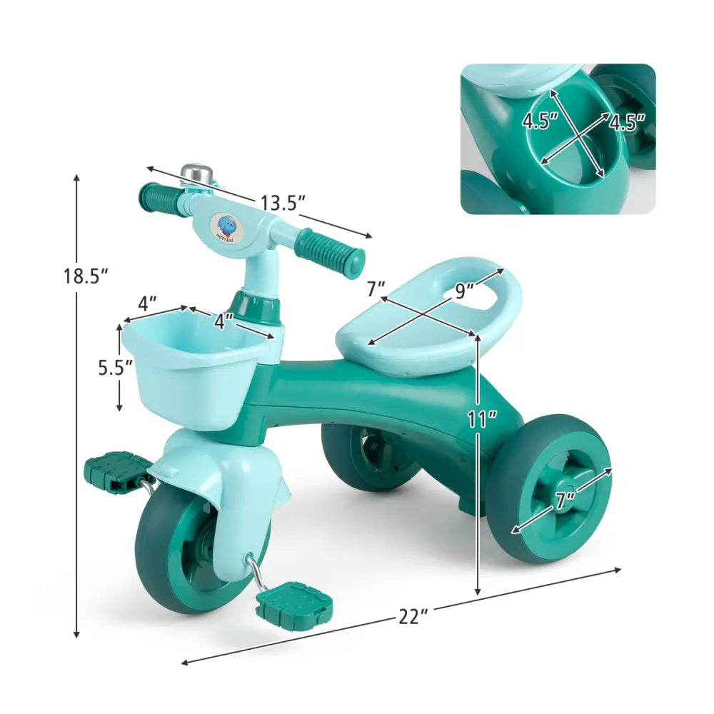 Toddler Tricycle with Limited Steering with Front Baskets and Bell-Green - Green - Push & Pedal Ride On Toys