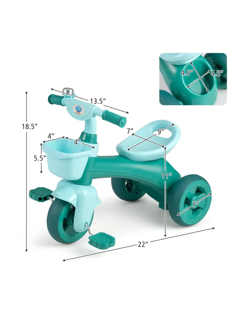 Toddler Tricycle with Limited Steering with Front Baskets and Bell-Green - Green - Push & Pedal Ride On Toys