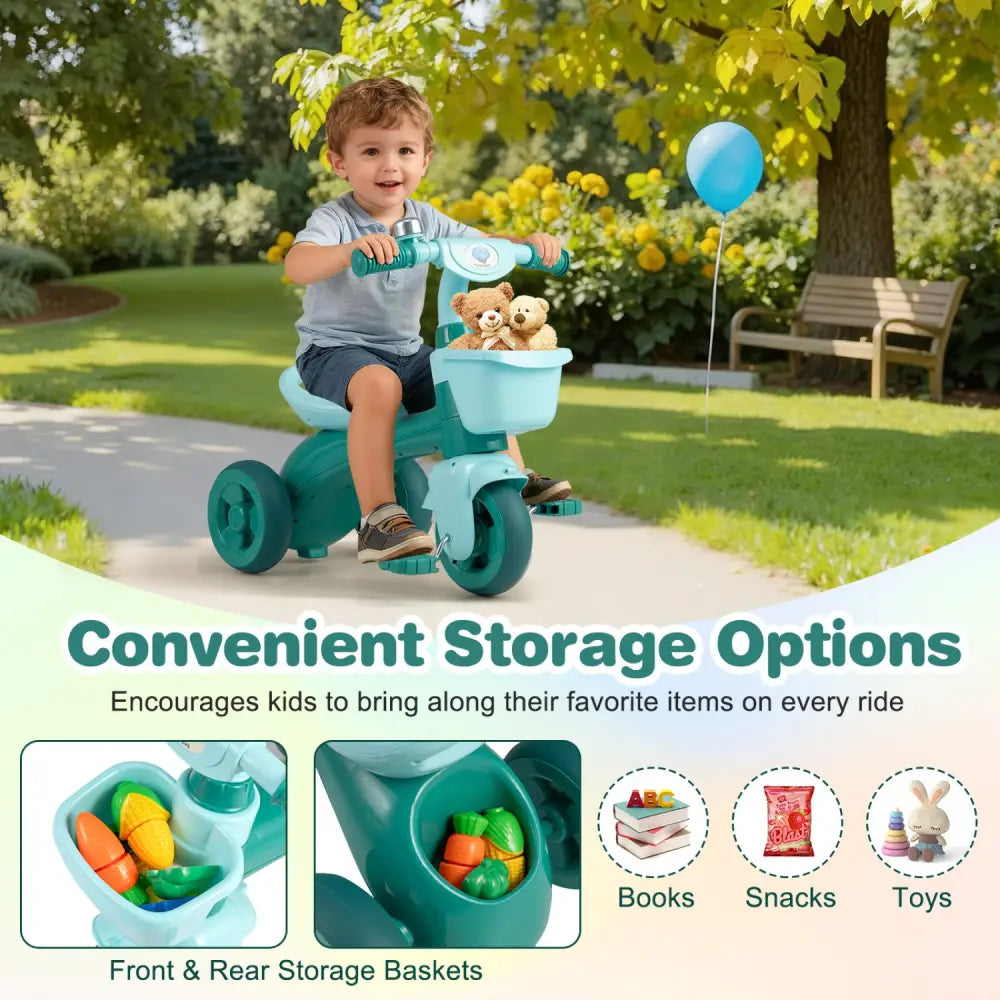 Toddler Tricycle with Limited Steering with Front Baskets and Bell-Green - Green - Push & Pedal Ride On Toys