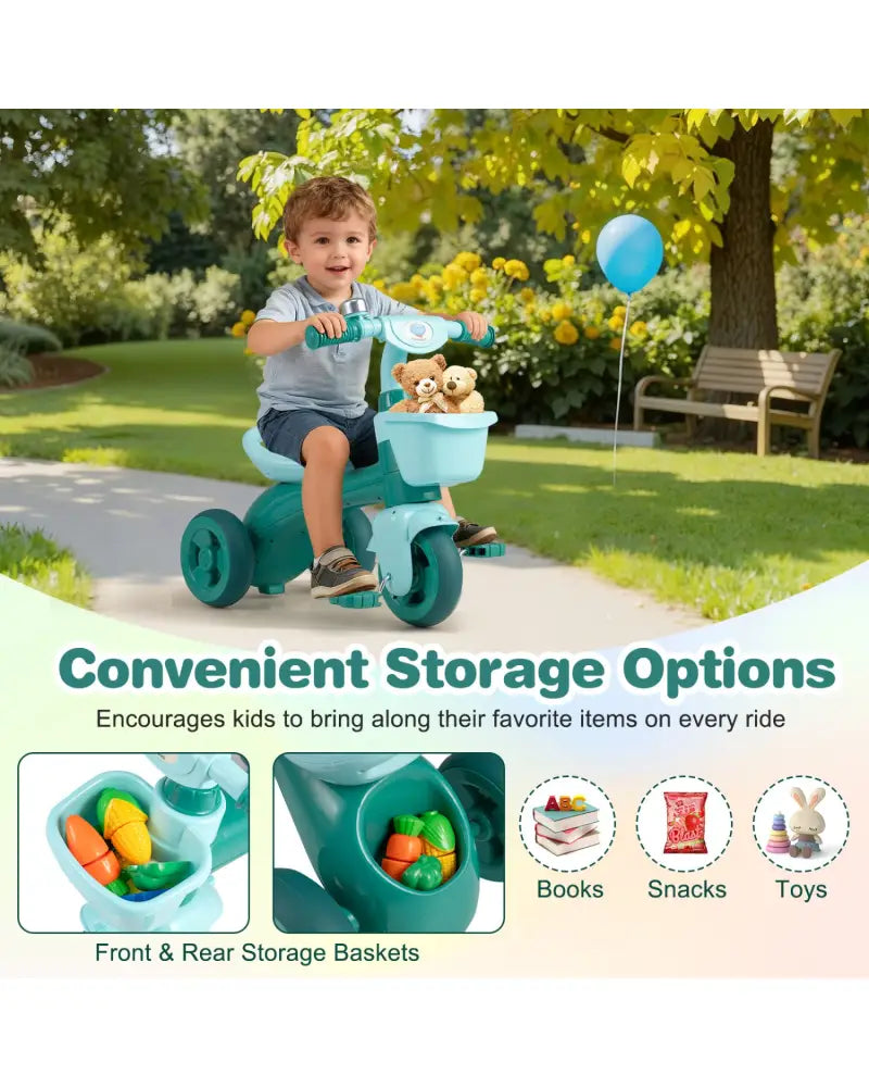 Toddler Tricycle with Limited Steering with Front Baskets and Bell-Green - Green - Push & Pedal Ride On Toys
