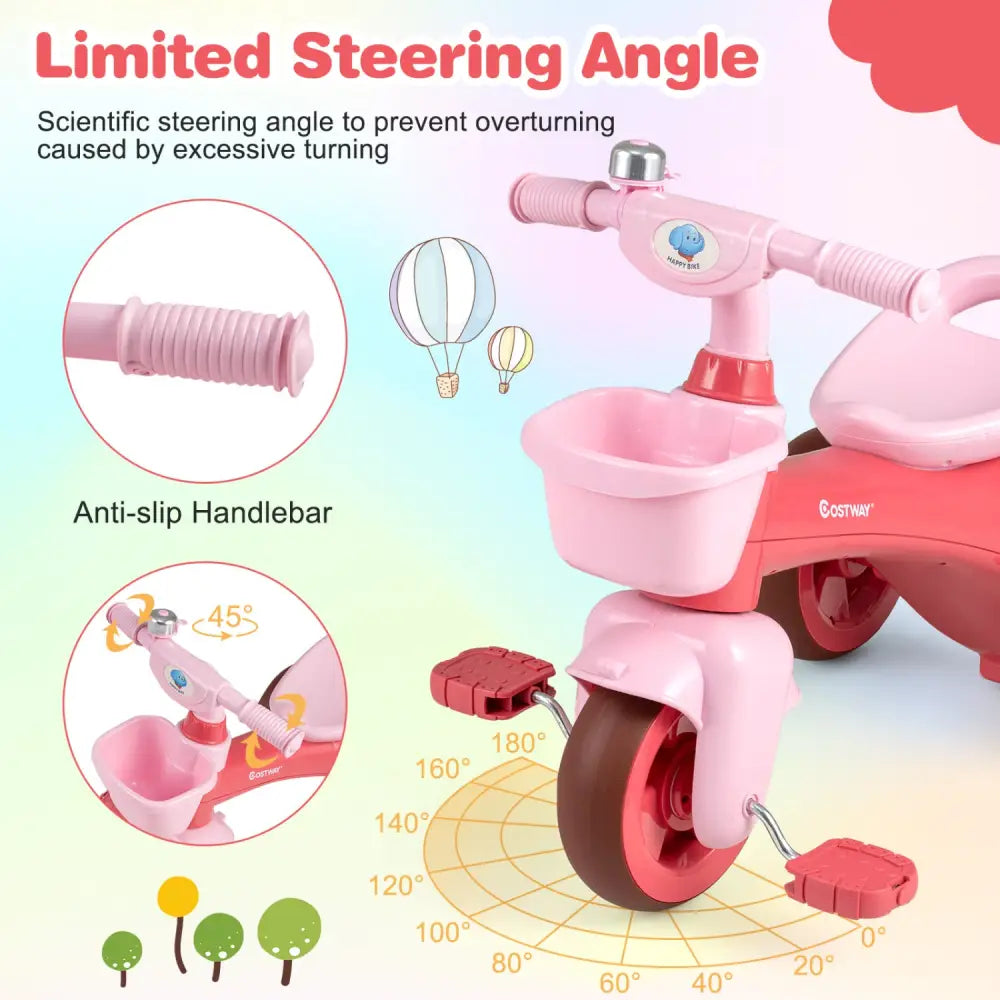 Toddler Tricycle with Limited Steering with Front Baskets and Bell-Pink - Pink - Push & Pedal Ride On Toys