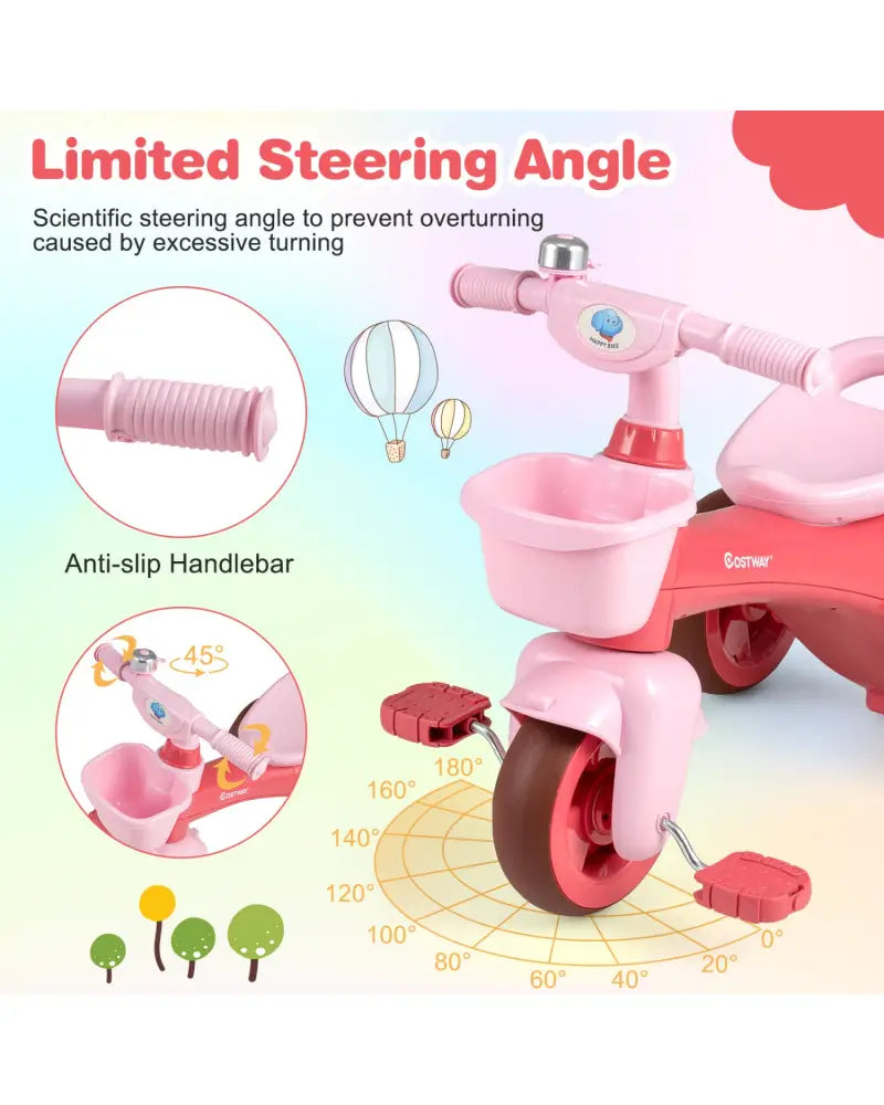 Toddler Tricycle with Limited Steering with Front Baskets and Bell-Pink - Pink - Push & Pedal Ride On Toys
