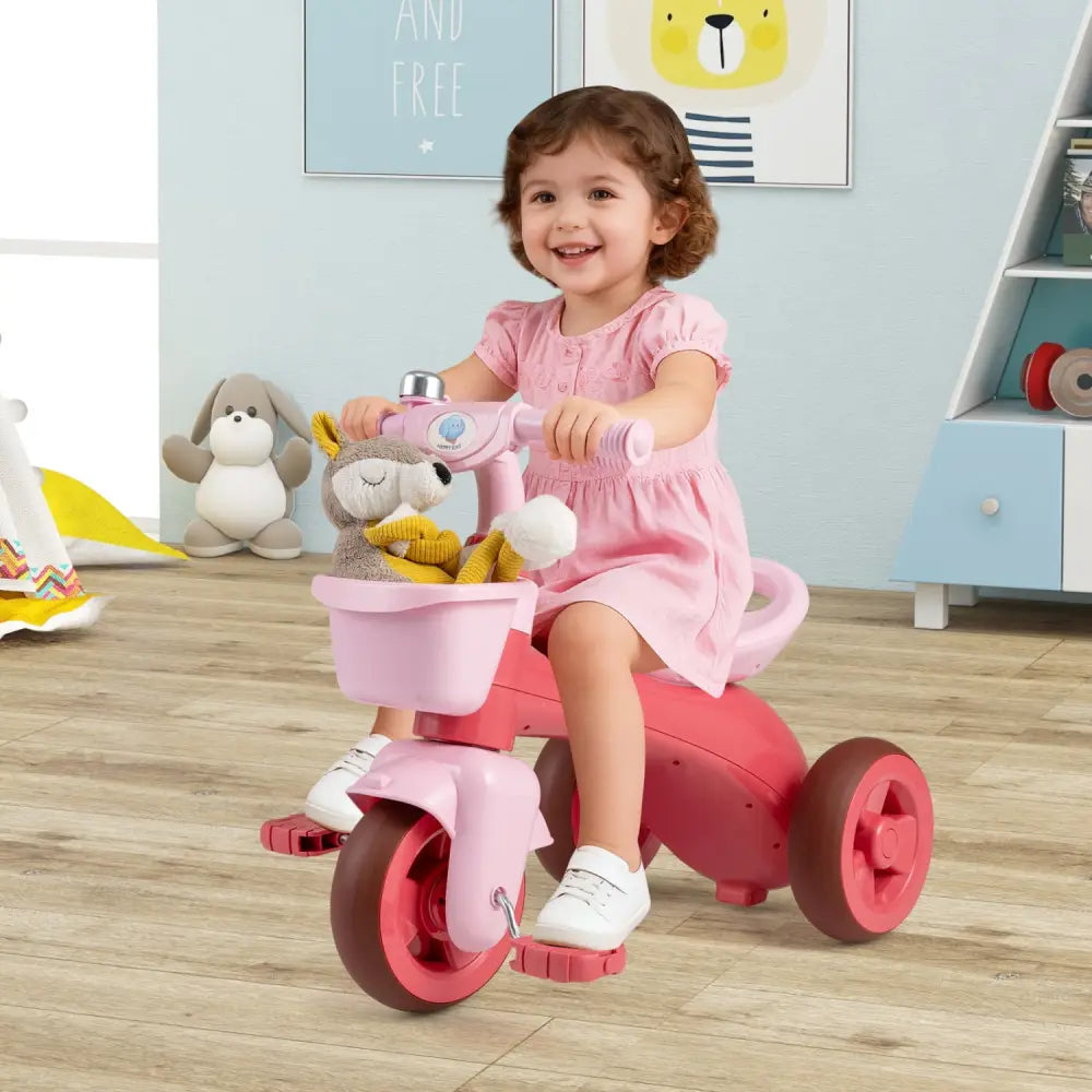 Toddler Tricycle with Limited Steering with Front Baskets and Bell-Pink - Pink - Push & Pedal Ride On Toys