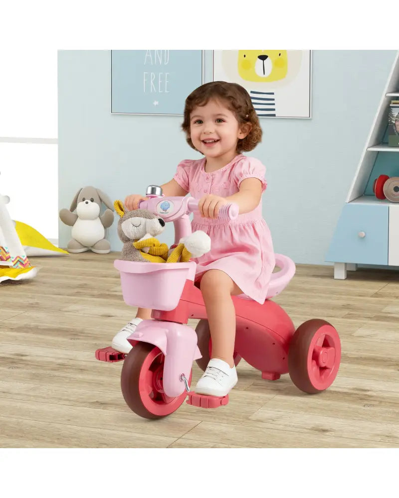 Toddler Tricycle with Limited Steering with Front Baskets and Bell-Pink - Pink - Push & Pedal Ride On Toys