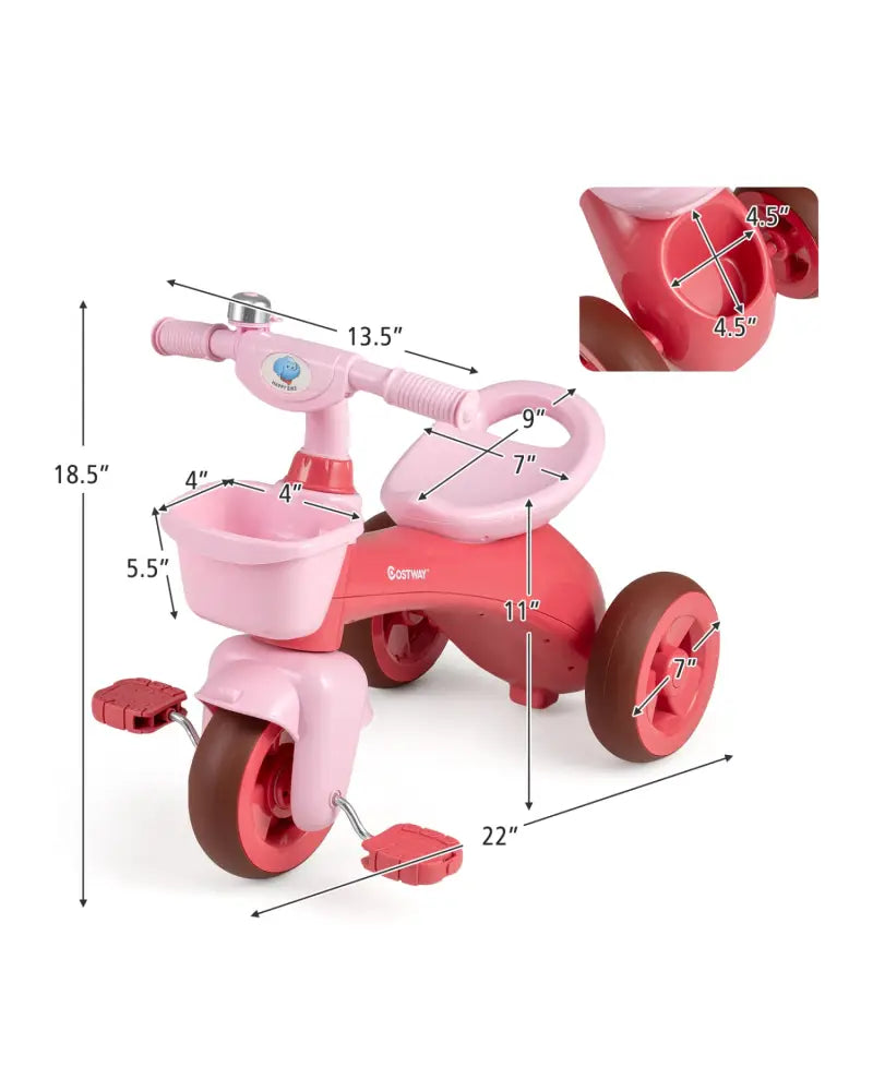 Toddler Tricycle with Limited Steering with Front Baskets and Bell-Pink - Pink - Push & Pedal Ride On Toys