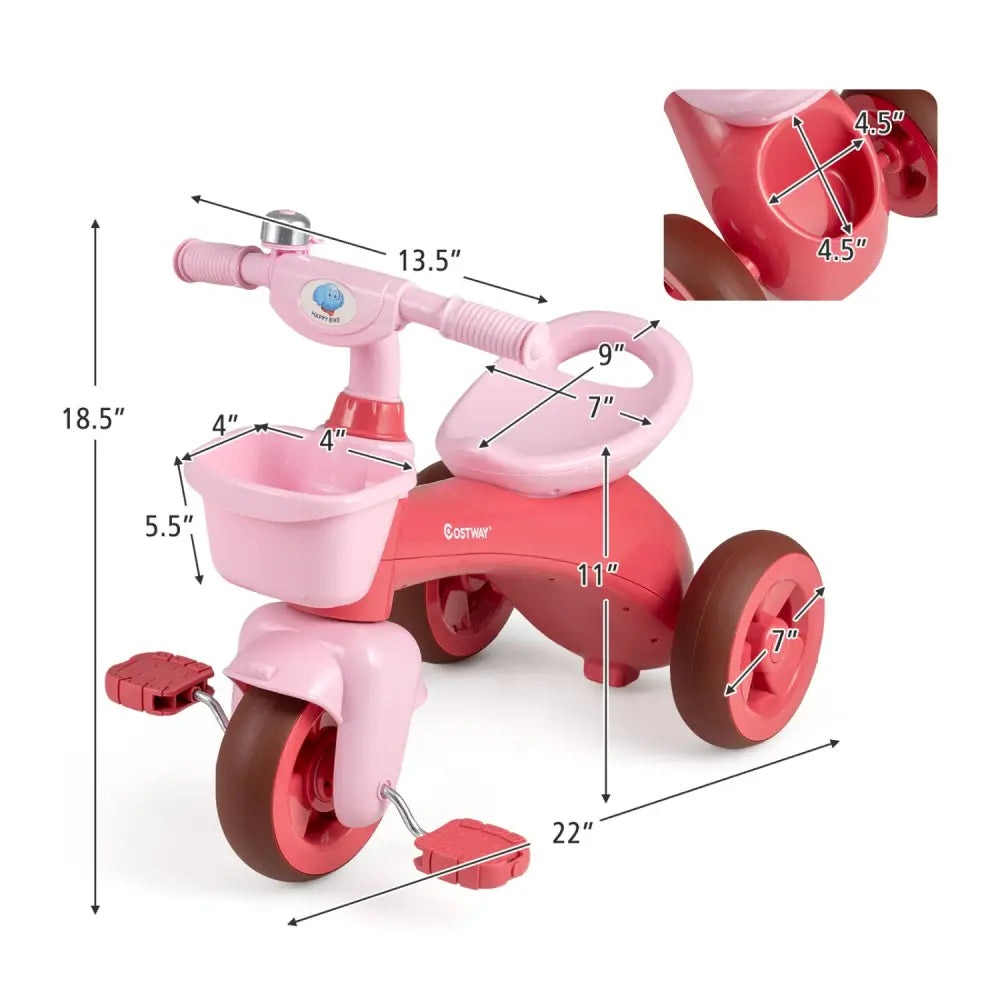 Toddler Tricycle with Limited Steering with Front Baskets and Bell-Pink - Pink - Push & Pedal Ride On Toys