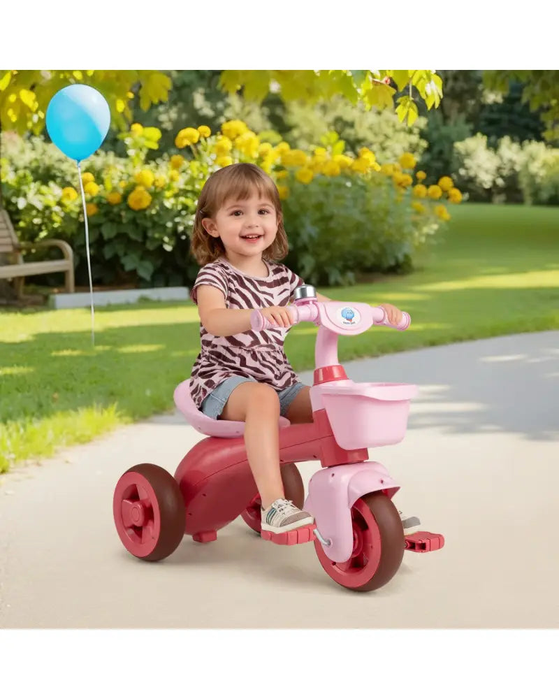 Toddler Tricycle with Limited Steering with Front Baskets and Bell-Pink - Pink - Push & Pedal Ride On Toys