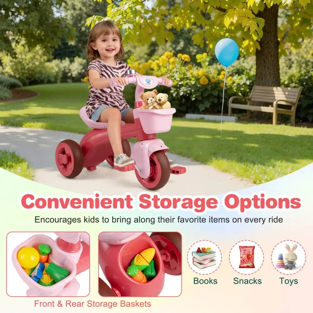 Toddler Tricycle with Limited Steering with Front Baskets and Bell-Pink - Pink - Push & Pedal Ride On Toys