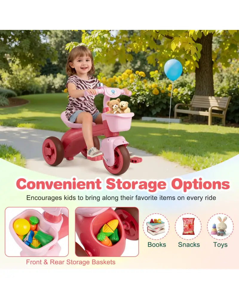 Toddler Tricycle with Limited Steering with Front Baskets and Bell-Pink - Pink - Push & Pedal Ride On Toys