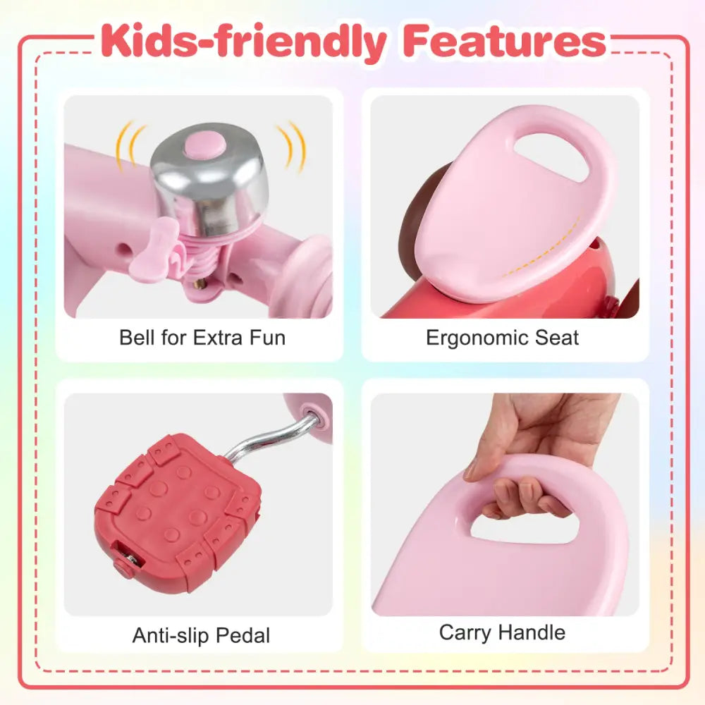 Toddler Tricycle with Limited Steering with Front Baskets and Bell-Pink - Pink - Push & Pedal Ride On Toys