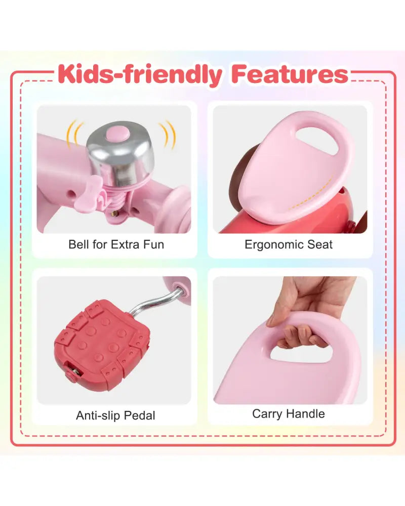 Toddler Tricycle with Limited Steering with Front Baskets and Bell-Pink - Pink - Push & Pedal Ride On Toys